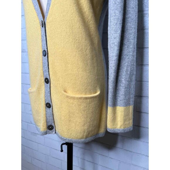 Neiman Marcus M 100% Cashmere VARSITY Sweater Long Cardigan Luxury Yellow Gray - Picture 5 of 6